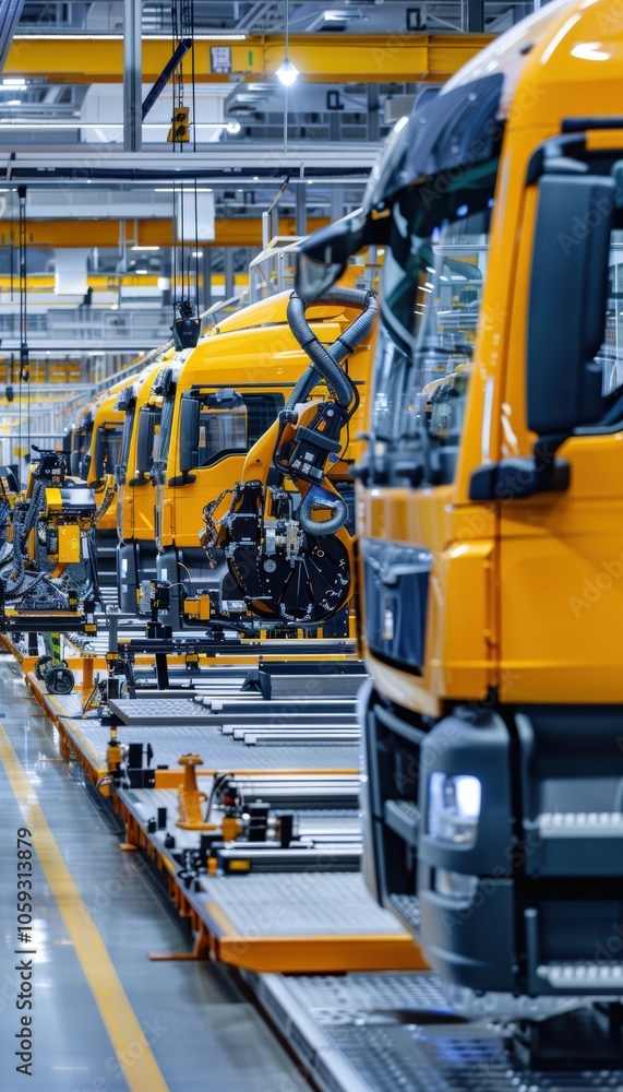 Poster high-tech electric truck assembly line with robotics and augmented reality for quality assurance