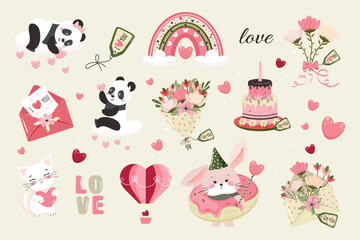 Big  festive set for a party, birthday, Valentine's Day. Vector illustration.
