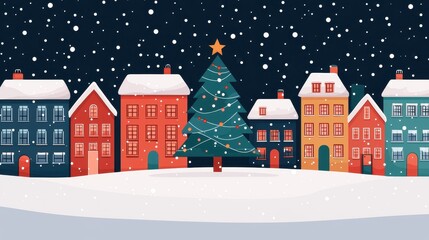 Fototapeta premium A colorful winter scene featuring cozy houses, a decorated Christmas tree, and falling snowflakes under a starry night sky.