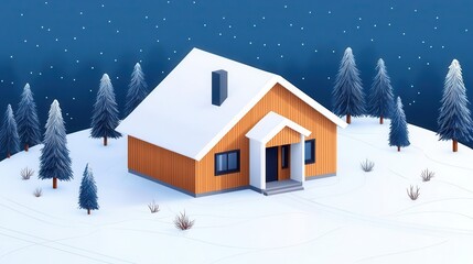Fototapeta premium Cozy isometric cabinstyle house with wood details, surrounded by snow, Isometric house modern, winter retreat