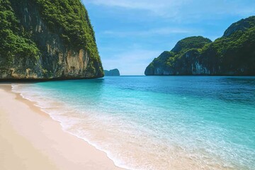 Fototapeta premium Stunning Tropical Beach with Crystal Clear Water and Lush Cliffs