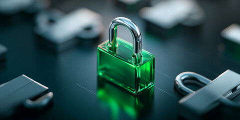 close up of green lock on reflective surface, showcasing its vibrant color and sleek design, surrounded by metallic elements that enhance its visual appeal