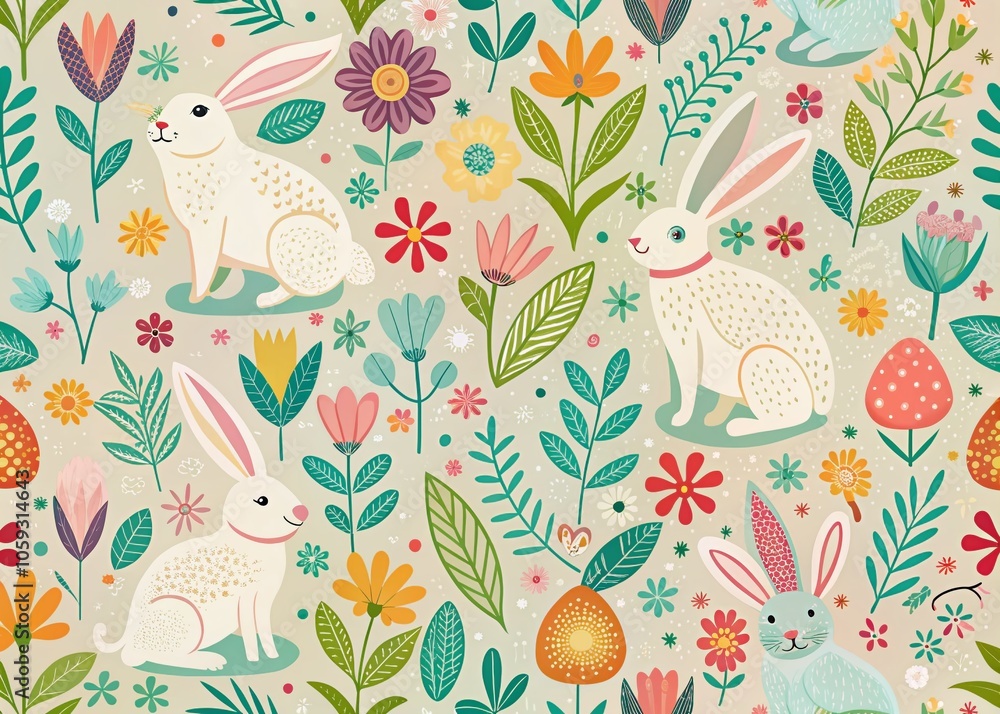 Poster easter rabbit seamless pattern in scandinavian style with floral elements on pastel background - vec