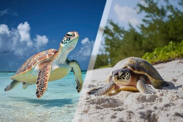 Obraz premium Sea Turtle Swimming in Crystal Clear Water and Relaxing on a Sandy Beach