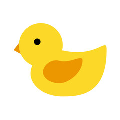 Yellow toy duckling. Cute yellow bird with beak for babys bath play and childish fun vector design