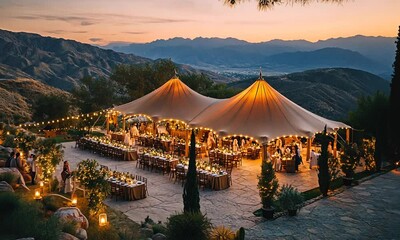 Scenic outdoor wedding reception under a large tent at sunset.