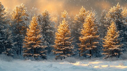 Fototapeta premium Golden Sunlight Illuminates Snow-Covered Pine Trees in a Winter Wonderland