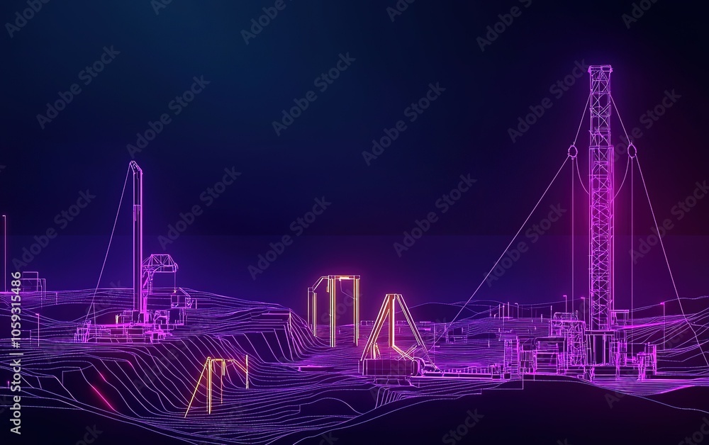 Poster a colorful digital rendering of an industrial site showcasing futuristic machinery and structures at