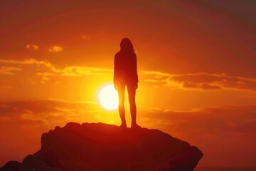 Obraz premium Person on rock admiring nature at sunset.