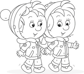 Happy little boy and girl wearing warm winter cloths, walking and friendly talking, black and white outline vector cartoon illustration for a coloring book