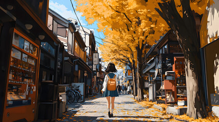Cute Anime girl ind School uniform walken through the city street, illustration of a female japanese high school student