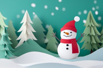 Cheerful snowman with a red hat and scarf in a whimsical winter landscape with falling snow and pine trees
