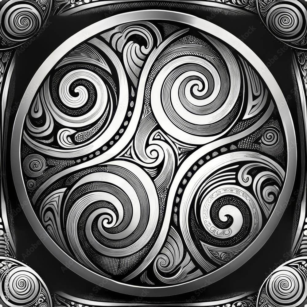 Poster intricate black and white swirl pattern in circular design