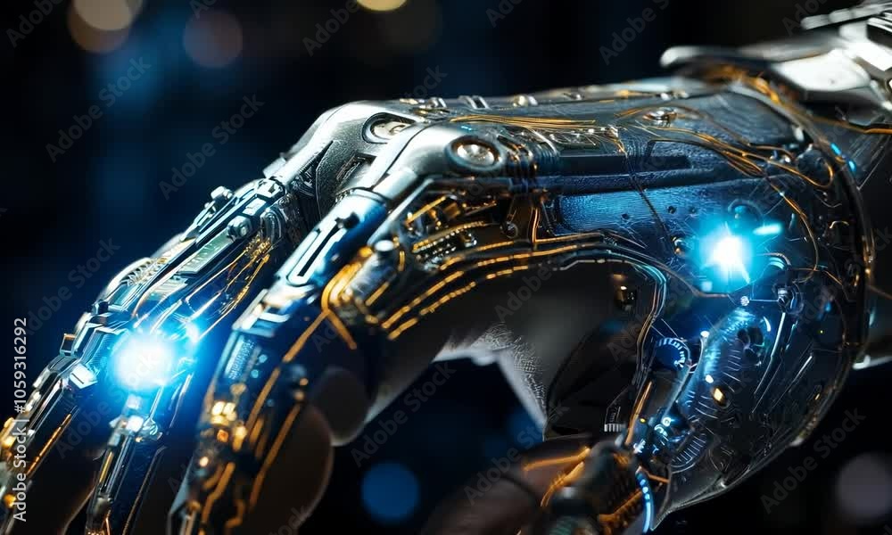 Poster a cyber hand that stops time: a futuristic image symbolizing the power of technology and the ability