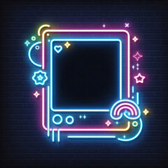 Neon picture frame glowing in the dark as png file
