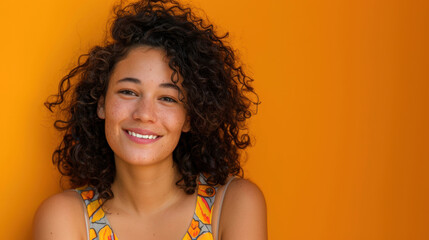 Smiling Woman in Summer Dress Against Vibrant Orange Background for Lifestyle Portraits