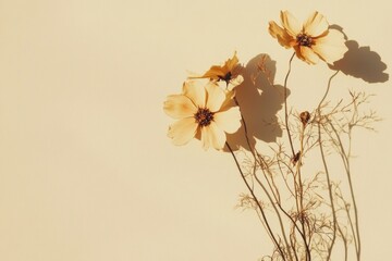 A vase of bright yellow flowers that cast a shadow, suggesting they are in the sun. A pleasant springtime scene.