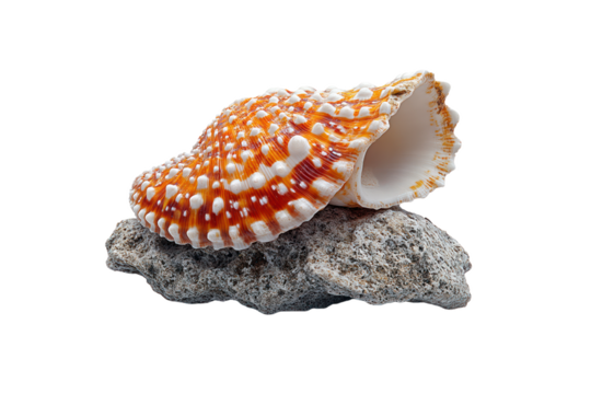 Shell with a white and orange pattern is on a rock