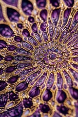 Obraz premium Beautifully crafted floral pattern embroidery on purple fabric. High end jewelry design with intricate handmade stitching.