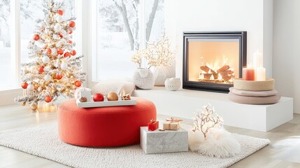 Stylish red ottoman in a cozy, warmly lit setting, surrounded by soft textures and neutral tones, adding a chic vibe