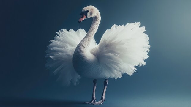 A graceful white swan in ballet attire, with elegant feathers. Swan lake's prince charming and ballerina perform a romantic dance.