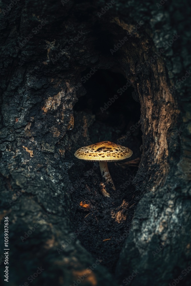 Poster mushroom is sitting in a hole in a tree trunk. the hole is dark and the mushroom is the only light s