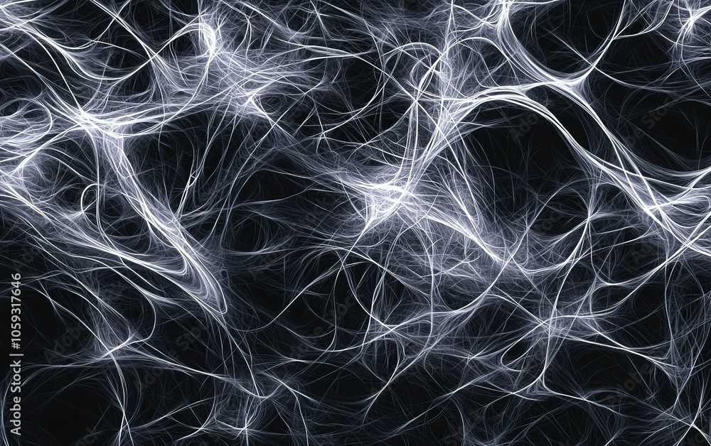 Poster Abstract representation of shimmering white fibers against a dark background, creating a sense of depth and fluidity in the composition