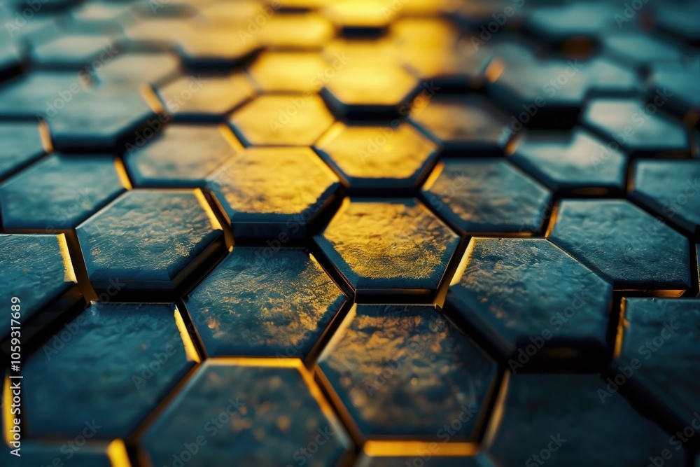 Poster digital design of hexagonal tiles forming a mesmerizing, symmetrical pattern in blue and yellow hues