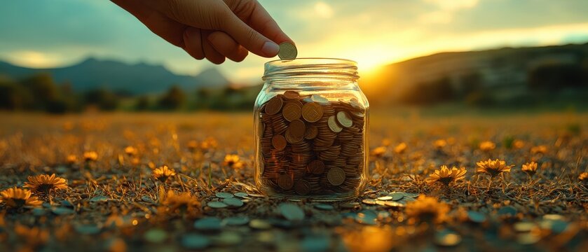 Coin insertion into a savings jar, financial planning concept, close-up view, vibrant colors, emphasis on saving and investment strategies