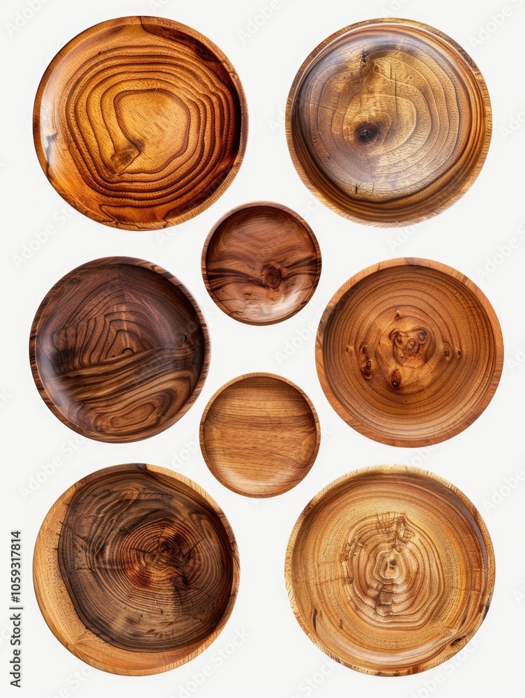 Aufkleber collection of wooden bowls with various shapes and sizes. the bowls are arranged in a row, with some