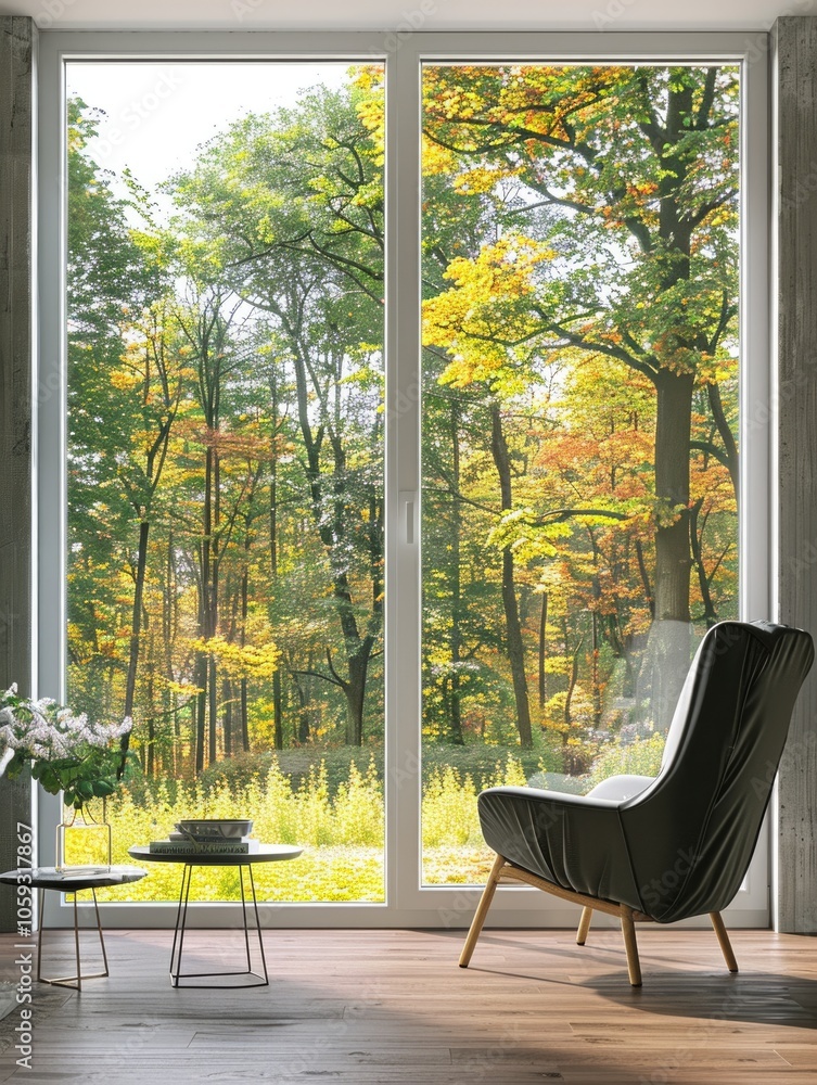 Poster chair is in front of a window with a view of trees. the chair is black and the window is open