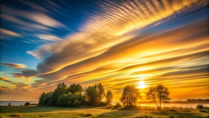 Obraz premium Elegant Early Morning Scene with Subtle Beige and Soft Yellow Stratospheric Clouds Blending into a Golden Sky - Low Light Photography