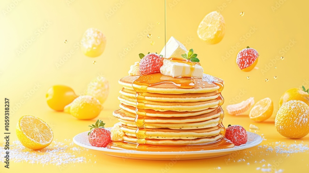 Poster a bright and appealing presentation of a pancake stack featuring gooey maple syrup and soft butter, 