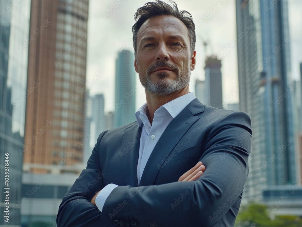 Poster man in a suit is standing in front of a building with his arms crossed. he has a serious expression 