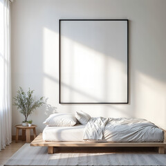 Mock up poster frame in Scandinavian interior and Natural Decor background, bedroom, minimalistic style, template
