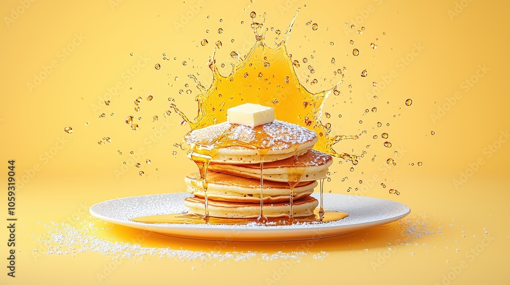 Poster a close-up shot of a delectable pancake stack with glossy maple syrup cascading down the sides and a