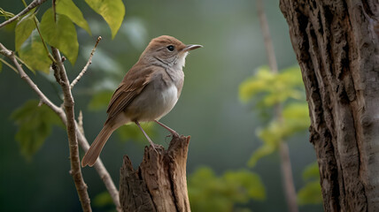 A delicate nightingale stands perched on the top of a tree trunk or pole, with only the upper part of the pole visible ai
