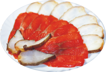 plate with pink salmon, amberjack, chum salmon, trout, tuna, haddock, herring, mackerel, steelhead salmon, chinook salmon, coho salmon, sockeye salmon, tadpole trout, rainbow perch, turbot, blue-throa