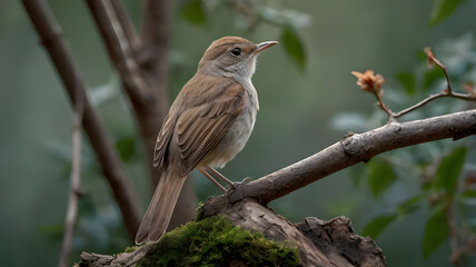 Fototapeta premium A delicate nightingale stands perched on the top of a tree trunk or pole, with only the upper part of the pole visible ai