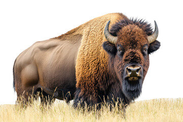 Large buffalo is standing in a field of tall grass