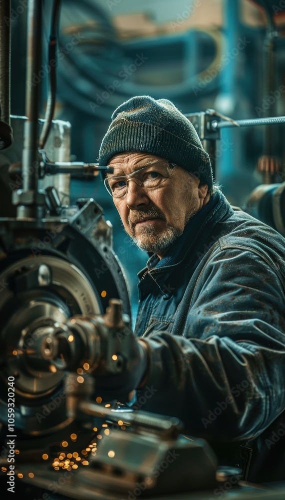 Poster focused machinist adjusting industrial lathe in workshop setting