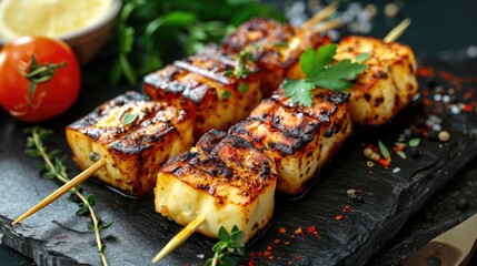 Trendy presentation of grilled Halloumi on a black stone surface for picnics or BBQs
