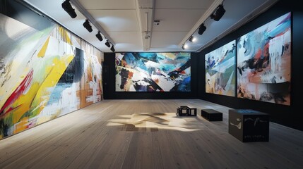An avant-garde art exhibition in a gallery filled with abstract, thought-provoking pieces