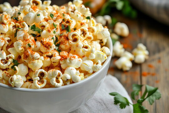 Gourmet popcorn with vibrant seasoning, like cheese or paprika, in a modern kitchen setting.