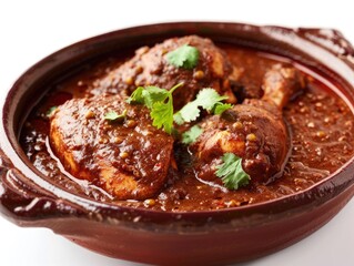 A dish of chicken curry served in a terracotta bowl, garnished with cilantro and seasonings.