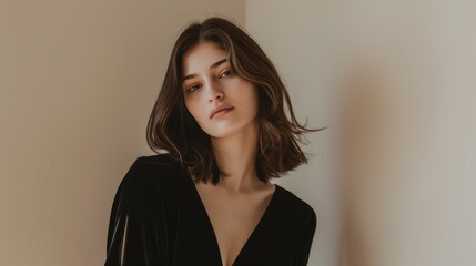 Obraz premium Sophisticated Minimalist Portrait of Young Woman in Elegant Black Dress Against Cream Background