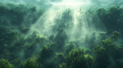 Fototapeta premium Sunbeams pierce through the mist in a dense, green forest, creating a mystical and ethereal atmosphere.