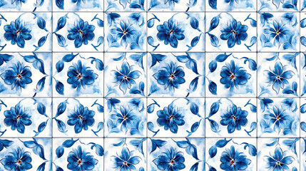 Patchwork seamless tile pattern featuring blue watercolor geometrical and floral designs perfect for textile design and home decor