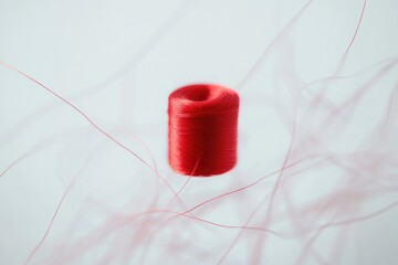 Close up of a red thread, possibly cotton or silk, over a white blurred background that could be fabric or paper.