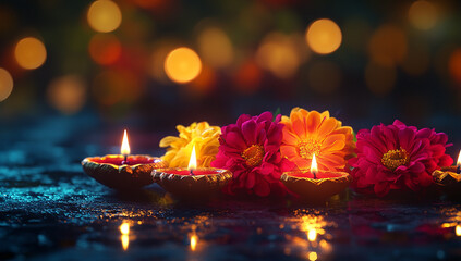 Beautiful oil lamps glowing on the floor with bokeh lights in the background in Diwali celebration